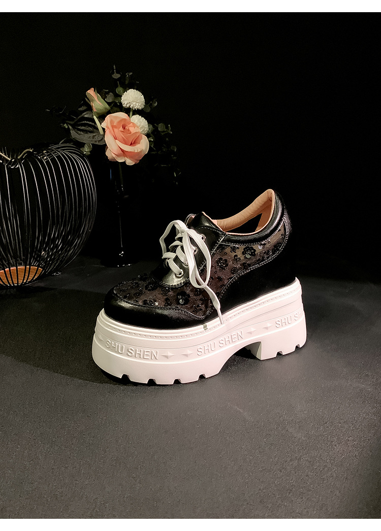 Giày sneaker nữ đế dày lưới thoáng khí, phối dây buộc phong cách loafer đế xuồng — Trắng 12cm, Trắng 15cm, Đen 12cm, Đen 15cm chi tiết 17
