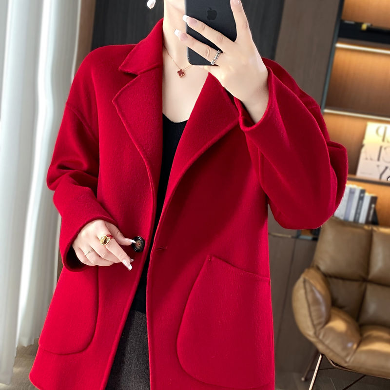 Wool Double-Sided Woolen Outwear for Middle-Aged and Elderly Mothers, Korean Style Short Large Size Autum High-End Outwear for Small People