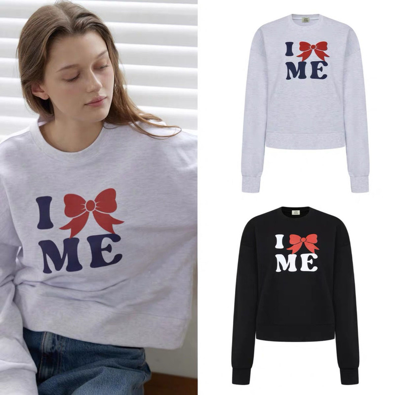 Factory Clearance】No Returns or Exchanges Korean Designer Let*Er Bow Print Round Neck Sweatshirt Women's Top