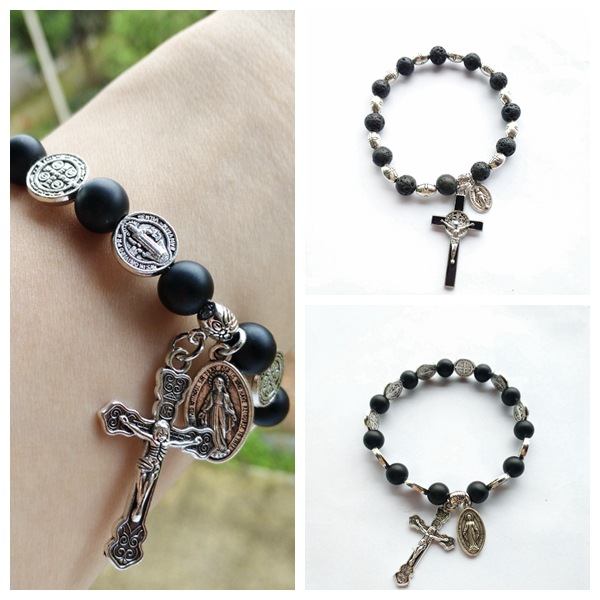 Foreign Trade Amazon Hot Selling Black Benxi Cross Bracelet Volcanic Stone Men's and Women's Elastic Beaded Bracelets