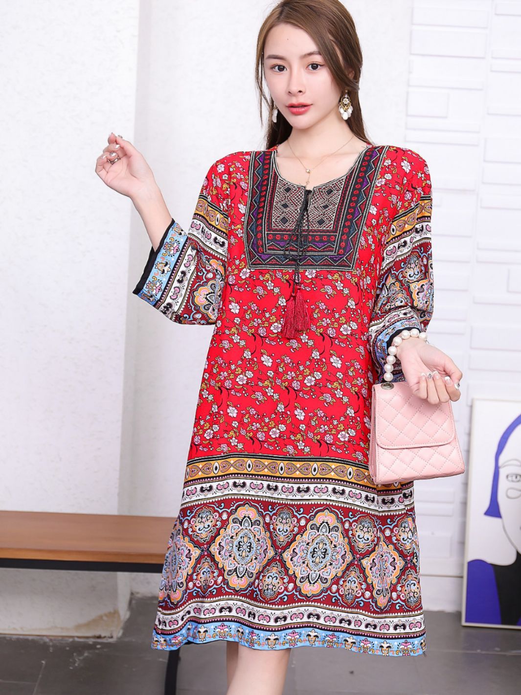 タイ風Aラインコットンワンピース、夏向け、クロスボーダーコットンシルクワンピース、アーティスティックレトロエスニック風婦人服