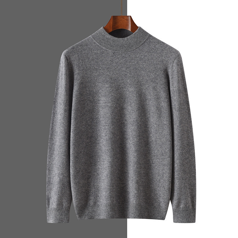 Wholesale men's half-turtleneck cashmere sweater, autumn and winter collection, solid color, loose fit, warm, knitted base layer, casual and versatile sweater