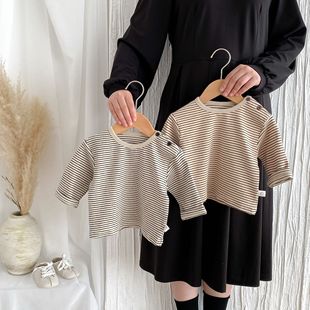 2025 New Style 0-2 Years Old Kidsren's Spring Clothing Baby Long-Sleeved Stripesd T-Shirt Male and Female Baby Open Shoulder Button Versatile Bottoming Shirt
