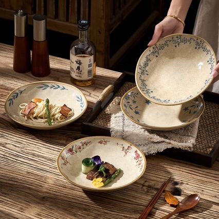 Japanese-style retro ceramic plates, deep serving dishes for home use, creative printed soup bowls, salad plates, and a set of tableware Japanese-style retro ceramic plates, deep serving dishes for home use, creative printed soup bowls, salad plates, and a set of tableware