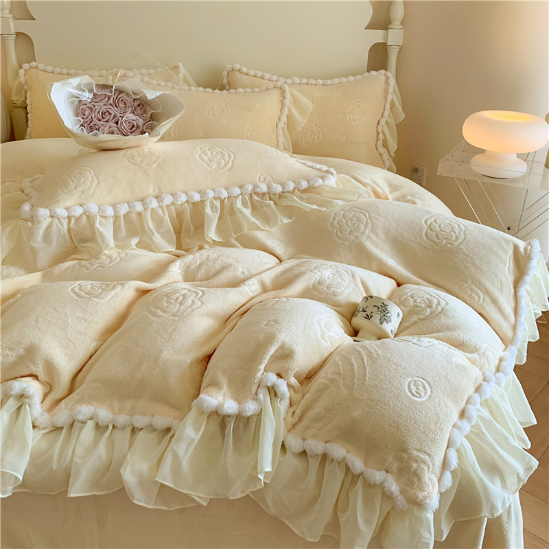 抖音直播爆款牛奶绒立体雕花绒四件套韩版公主风四件套批发团购