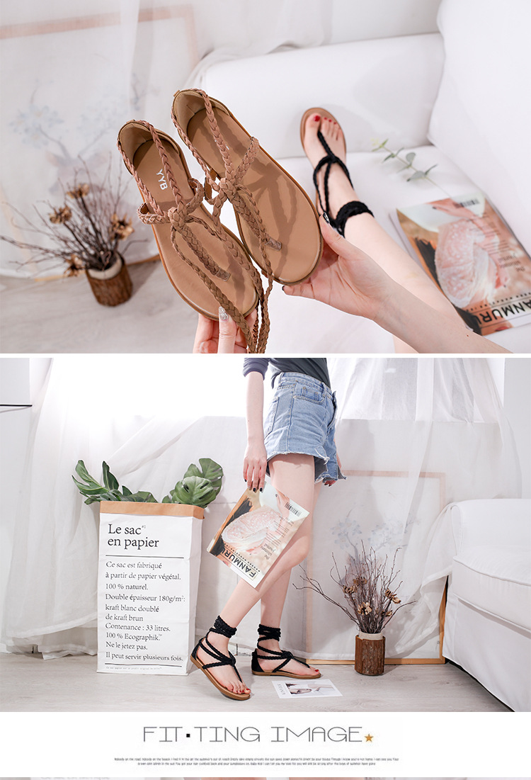 Summer 2021 cross-border large-sized beach sandals for women, European and American style flat toe interlocking woven ankle straps undefined