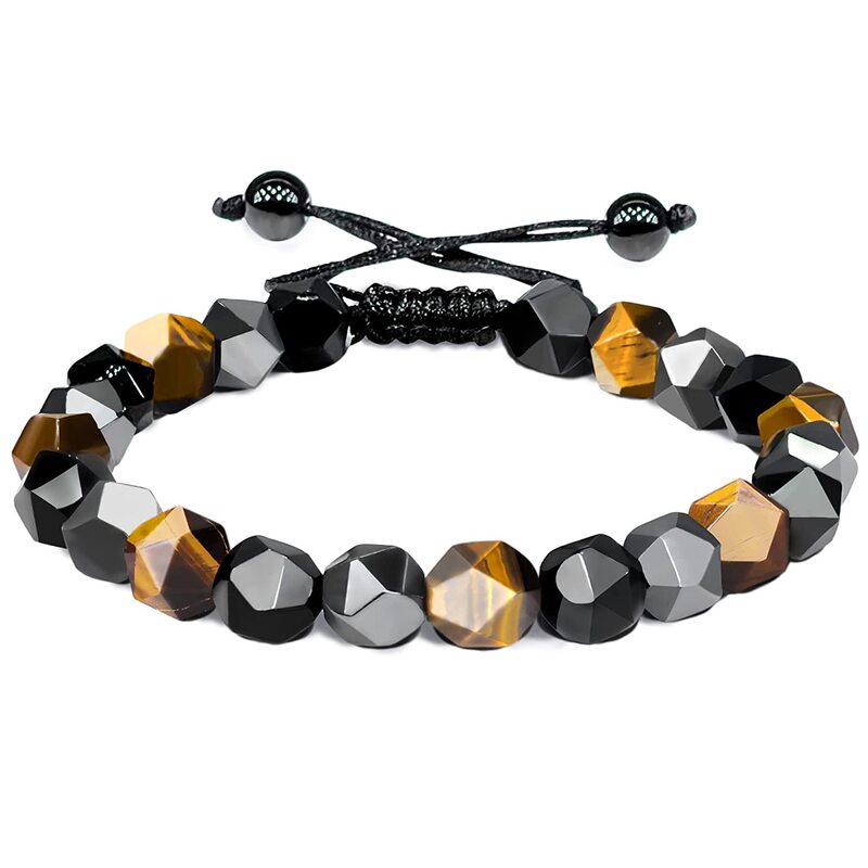 Natural Map Stone Bracelet, Tiger Eye Faceted Stone Bracelet, Magnetic Agate Men's Tiger Eye Stone Three-Color Woven Bracelet