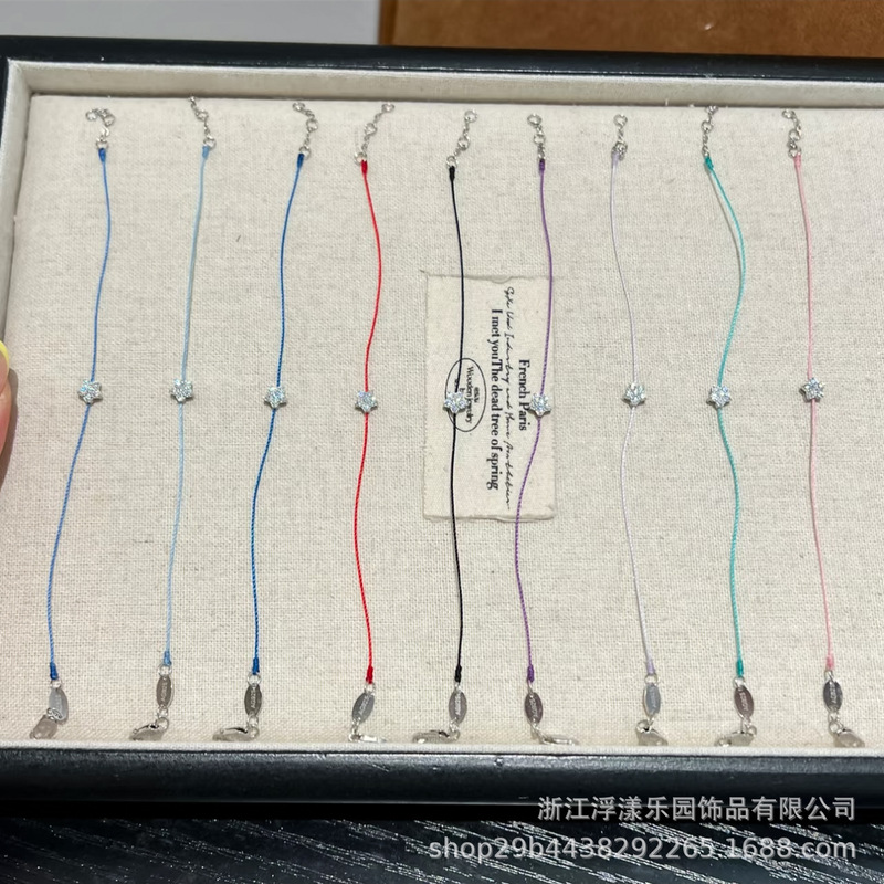 Ultra-fine summer hand-woven colorful cord bracelet made entirely of S925 sterling silver, half cord and half chain, with 3-point star moissanite diamond, for women