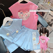 女童無袖套裝2023新款夏裝兒童短褲卡通可愛女寶寶洋氣薄款兩件套