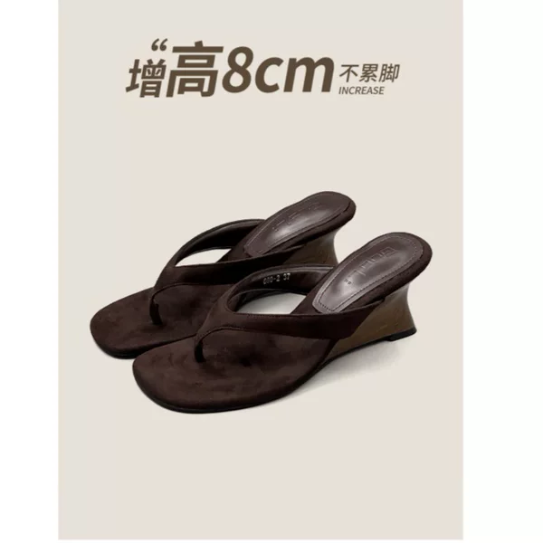 Unique Square-Toe Wood-Grain Wedge Flip-Flops for Women, New Summer Style, 8cm High-Heeled Thong Sandals for Commuting