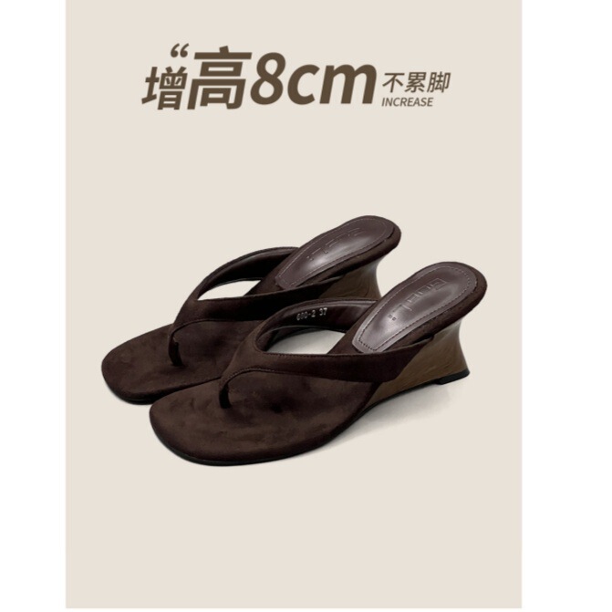 Unique Square-Toe Wood-Grain Wedge Flip-Flops for Women, New Summer Style, 8cm High-Heeled Thong Sandals for Commuting