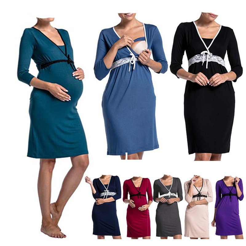 European and American ebay Amazon fashion lace stitching nursing dress pajamas nursing clothes for pregnant women