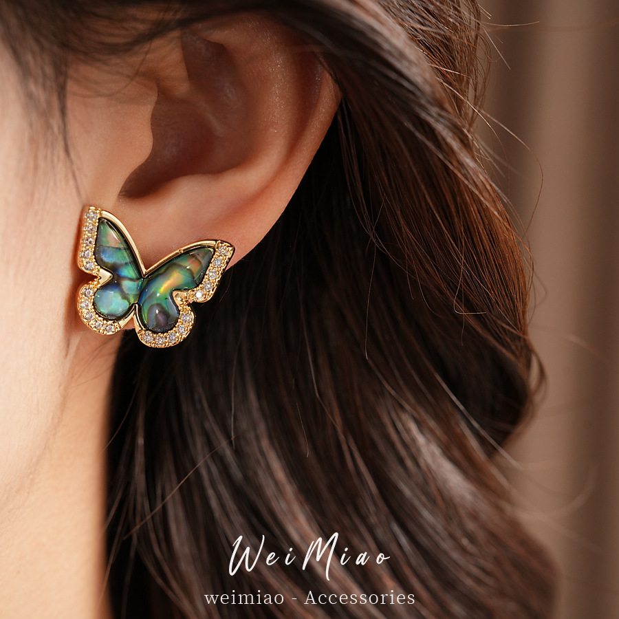 18 quilates de oro real chapado agujas de plata zircon mariposa conchas de mar pendientes de nicho delicados pendientes ligeros de lujo de alta calidad pendientes para mujeres