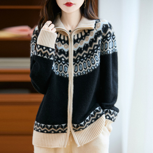Fair Island Jacquard wool cardigan women's thick knitted sweater coat Age-reducing autumn and winter women's top new