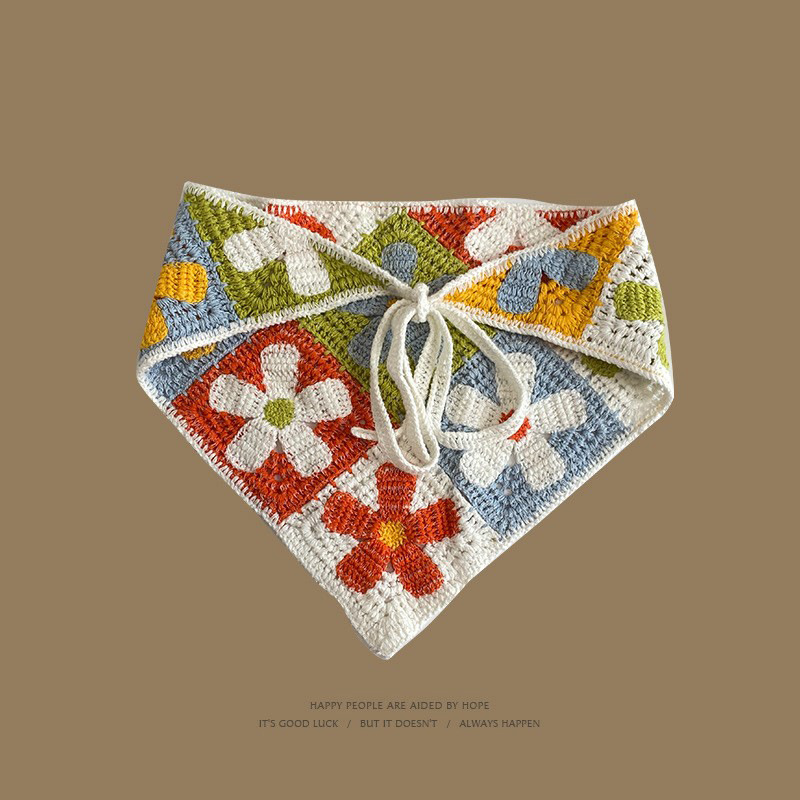 Mori estilo pastoral tejido a mano bufanda triangular floral cinturón para el cabello mujer primavera y otoño retro francés bufanda de ganchillo hueco marea