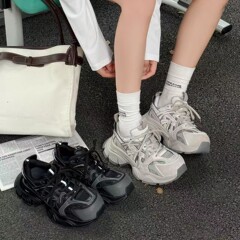 前言范2025秋新款欧货真皮松糕厚底老爹鞋女网面透气百搭运动休闲