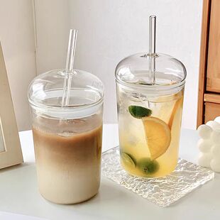 Ins Style Chubby Cup with Lid Suction Tube Cup Borosilicate Glass Fruit Juice Beverage Cup Coffee Cup Simple Water Cup