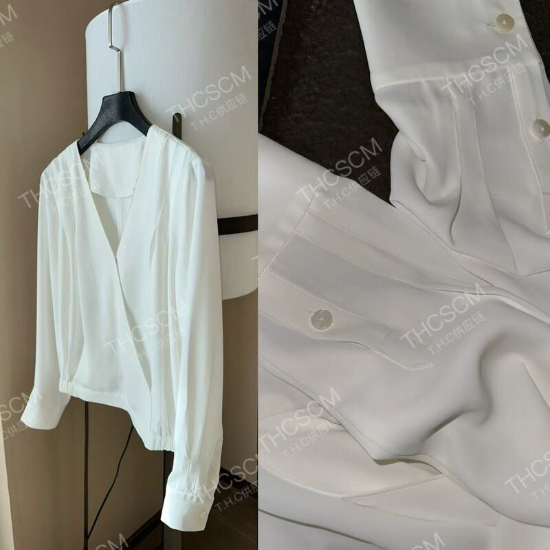 26 Early Spring New Style Shirt with a Soft Glow, Le Toray Tailored Micro-Cocoon Silhouette V-Neck Elegant Long-Sleeve Shirt