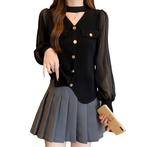 Autumn/Winter Design Sensory V-Neck Knit Top with Mesh Splicing, Long Sleeve, Slimming, and Chanel Style