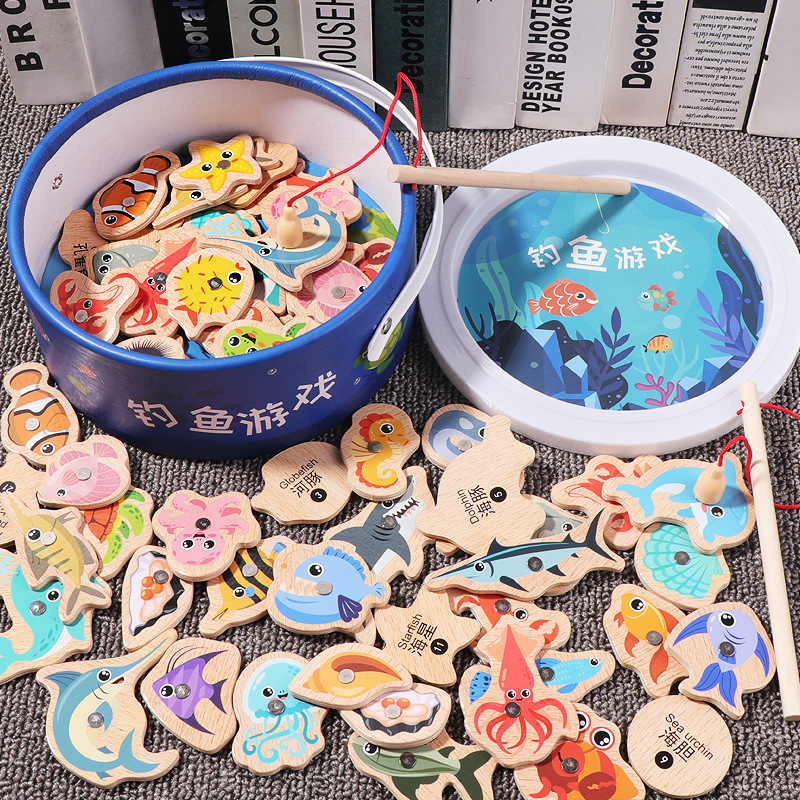 Marine wooden children's cognitive magnetic fishes for fishing