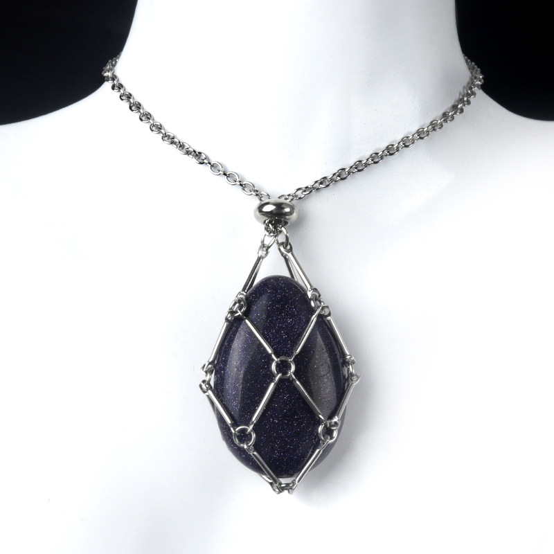 1720-Acero inoxidable cadena hecha a mano de malla tejida bolsa collar de cristal ágata piedra gota de agua colgante reemplazable piedra original