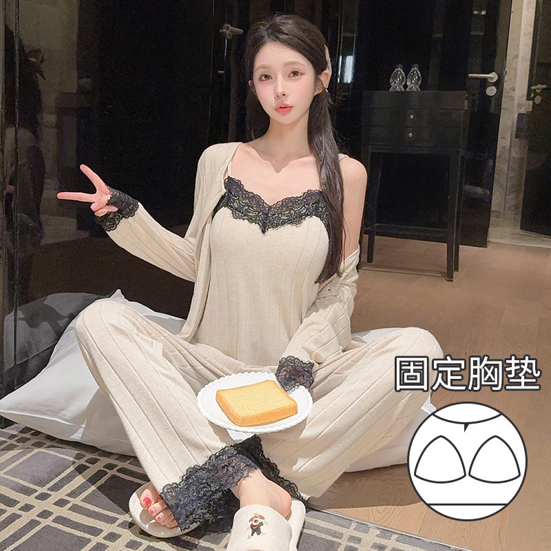 Oh Mida's New Autum Pajamas for Women, Pure Lust Style Suspender Cashmere Three-Piece Set, High-End Home Clothes with Chest Pads