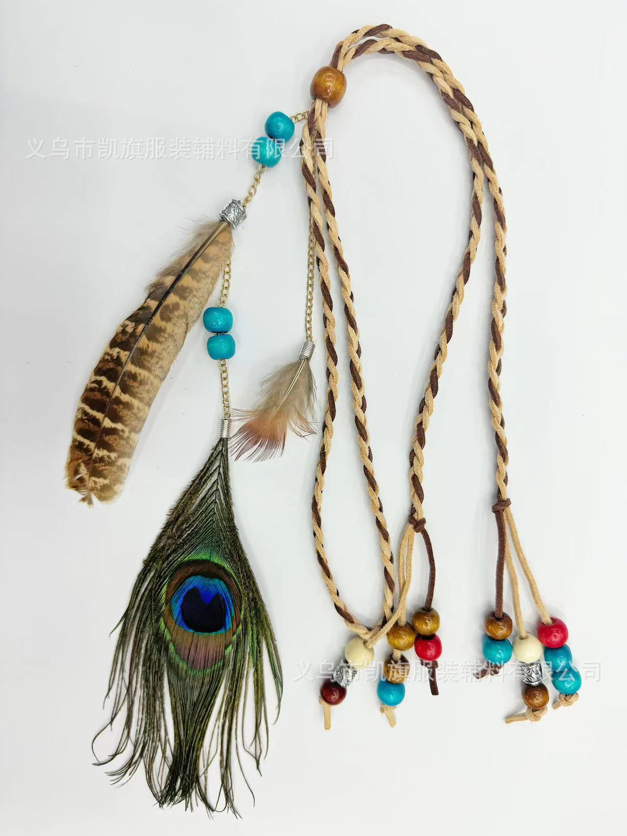 Indio cuentas de colores pluma de pavo real cuerda colgante accesorios para el cabello estilo étnico fotografía de viaje tocado estilo bohemio banda para el cabello