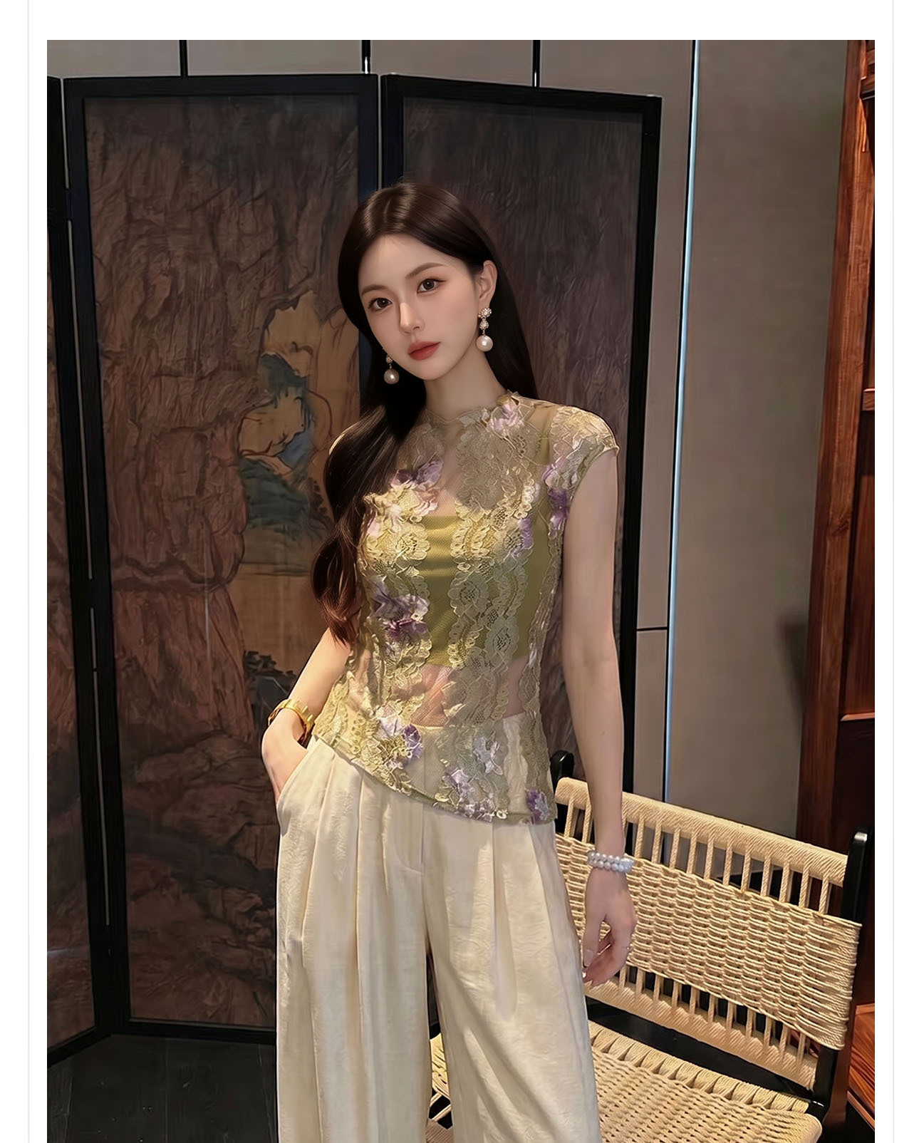 Áo sơ mi dài tay nữ phong cách Tân Trung Hoa, họa tiết in thắt nút ren — Đỏ cam, Trắng nguyệt chi tiết 6