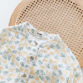 通勤上衣小纱 气质小立领木扣碎花双层棉纱衬衫文艺女夏季衬衣