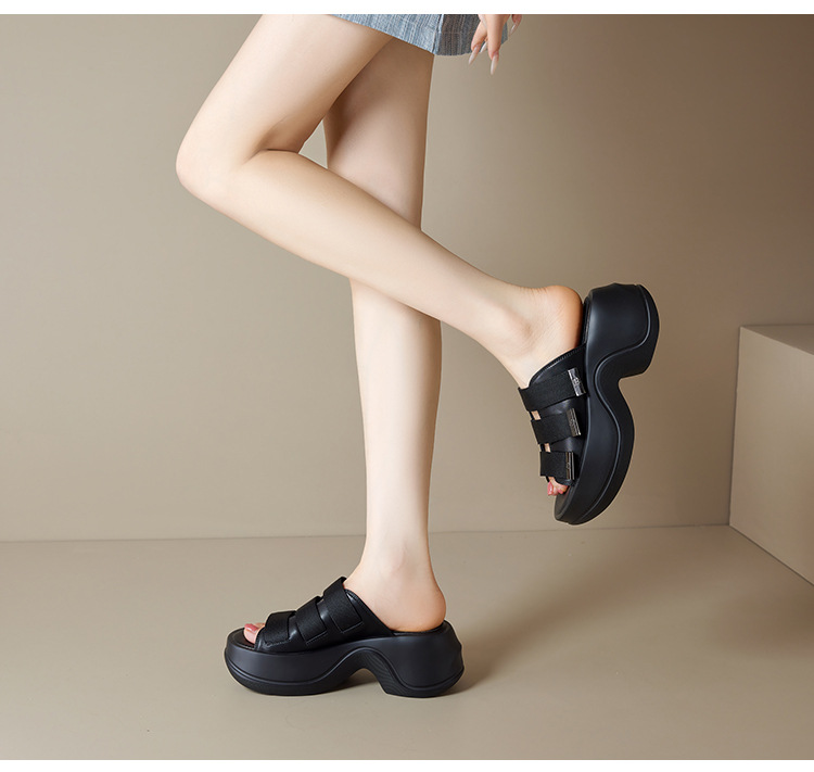 Dép sandal hở mũi nữ đế bệt 7cm tăng chiều cao quai ngang Velcro — đen, Màu trắng sữa chi tiết 7
