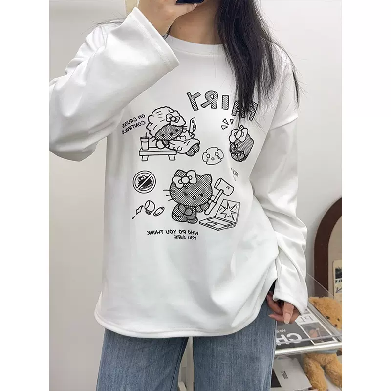 白色可爱甜美风Kitty猫圆领长袖T恤女秋冬德绒保暖慵懒风休闲上衣