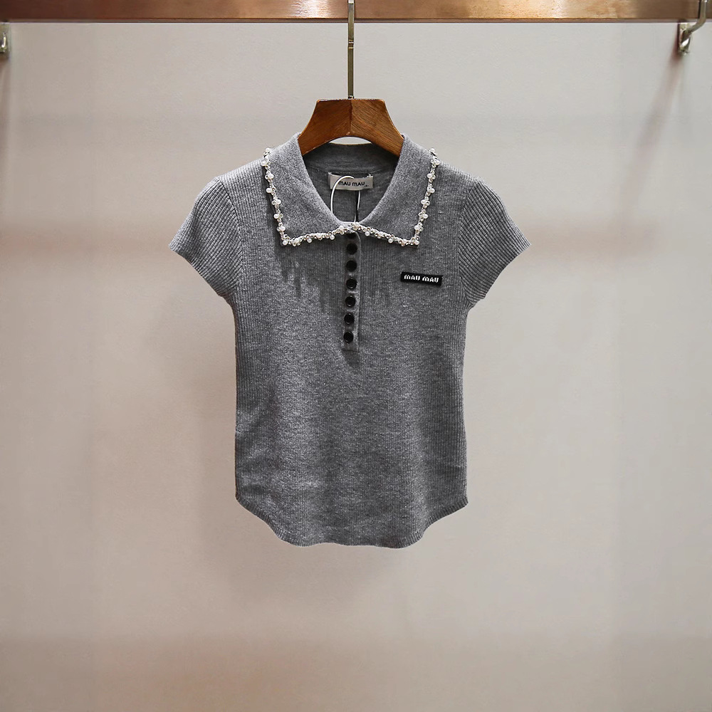 Shenzhen Nanyou Classy Women's Summer New Age-Reducing Style Beaded Lapel Curved Design Short-Sleeved Knitwear for Women