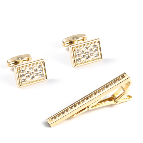 High-end Diamond-embellished Gold Tie Clip and Cufflinks Set French Metal Alloy Cufflinks Copper Tie Clip Wholesale
