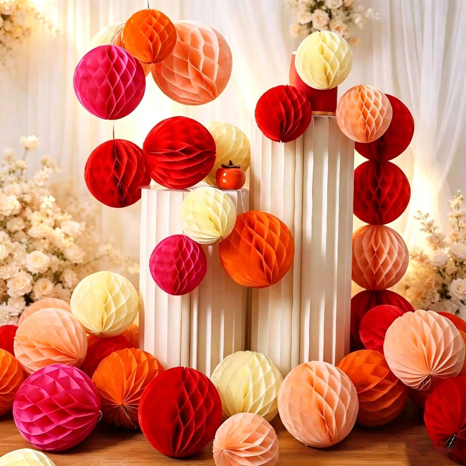 Honeycomb Paper Lanterns Wedding Room Decoration Set Wedding Living Room Double Happiness Character Decoration Pillars Wedding Celebration Supplies Collection
