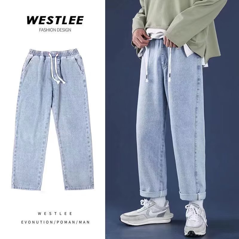 Spring and Autumn Men's Jeans ins High Street Loose Straight Elastomeric Waist Wide Leg Teenage Straight Jeans