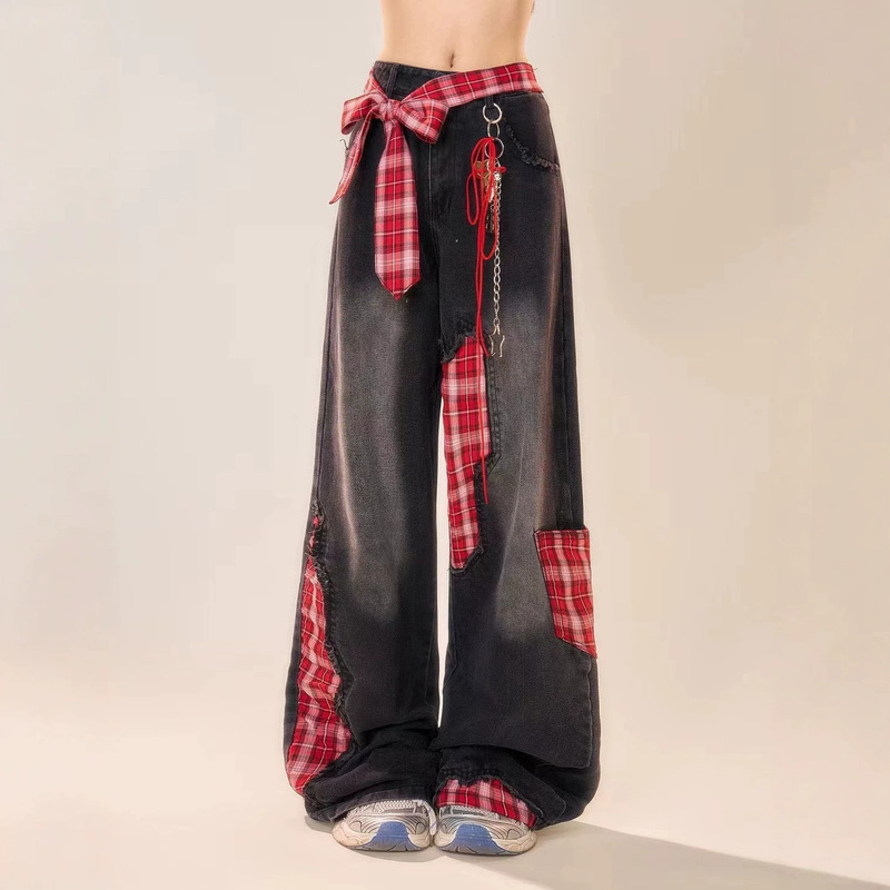 Bow-Tie Tie-Up Patchwork Wide-Leg Jeans, Low-Waist Loose Denim Wide-Leg Pants, Women's Straight-Leg Slimming Wide-Leg Pants Bow-Tie Tie-Up Patchwork Wide-Leg Jeans, Low-Waist Loose Denim Wide-Leg Pants, Women's Straight-Leg Slimming Wide-Leg Pants