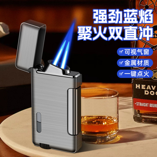 Creative dual flame lighter, windproof blue flame, inflatable lighter, portable, customizable, trending among influencers and hot-selling