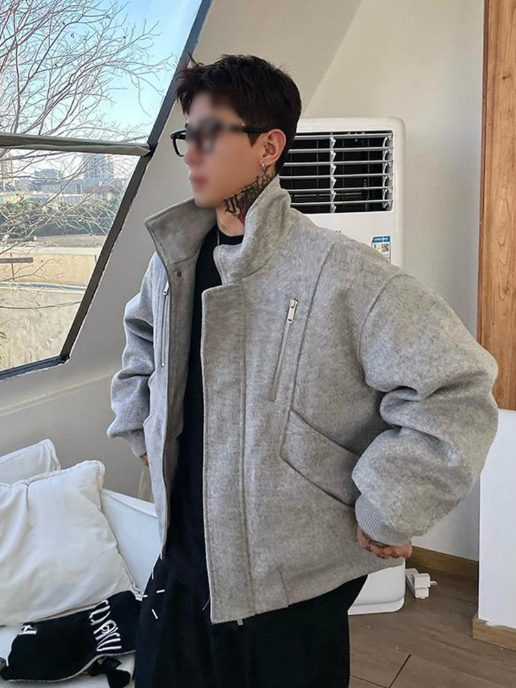 解构双拉链哈灵顿棉服男冬季加厚设计感毛呢夹克短款棉衣外套
