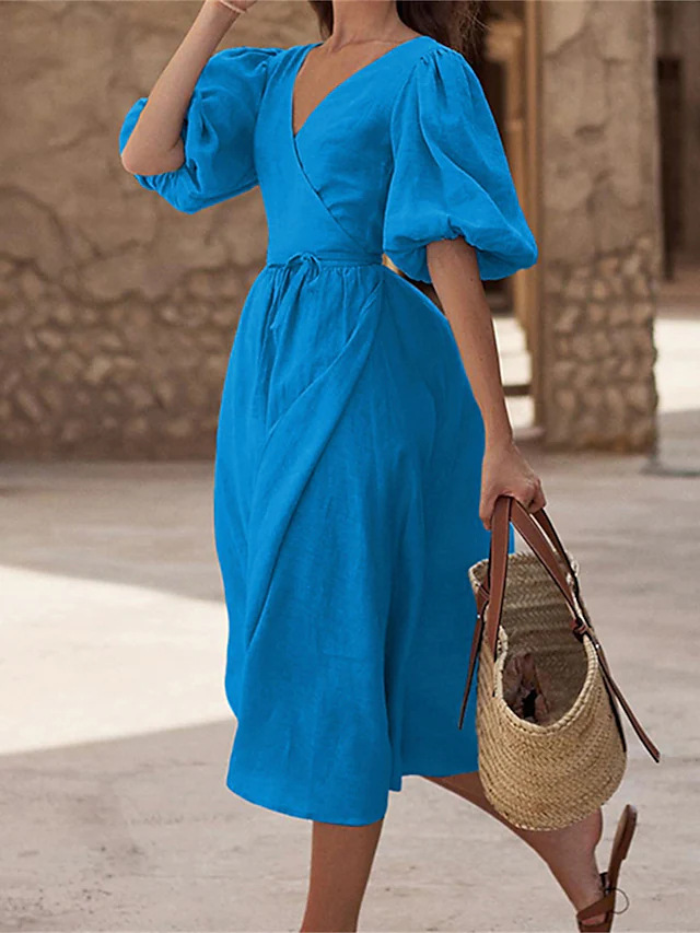 Women's Regular Dress Simple Style V Neck Short Sleeve Solid Color Midi Dress Holiday Daily Beach display picture 1