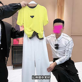 美式时尚穿搭长裤春夏一整套新款黄色圆领短袖减龄上衣两件套女装