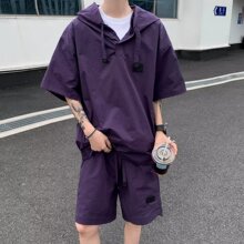 夏季薄款速干连帽短袖短裤情侣宽松百搭两件套户外休闲运动套装男