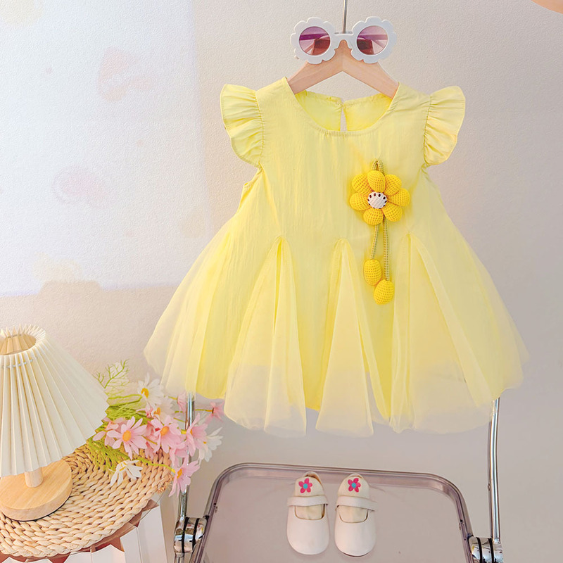 Wholesale foreign trade children's fashion sunflower princess dress 2026 new style stylish flutter-sleeve dress for baby girls, available for live streaming