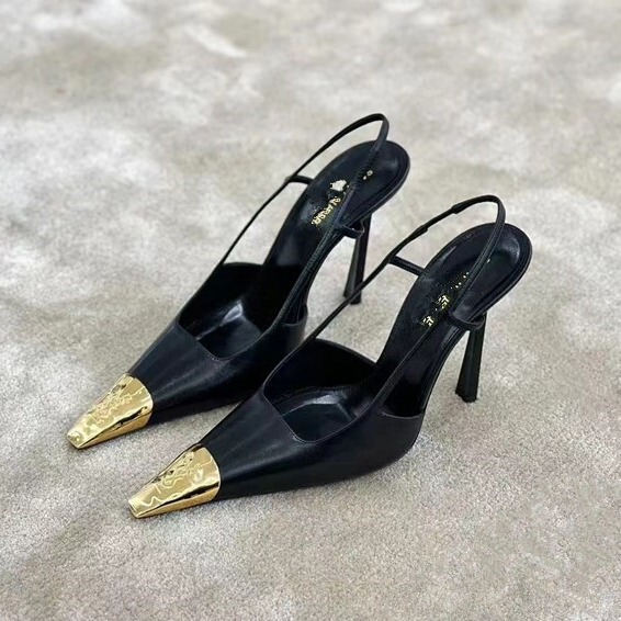 High-heeled shoes women's gold iron-toe socialite Yang Shulin patent leather black women's shoes stiletto heel sexy small square toe covered sandals