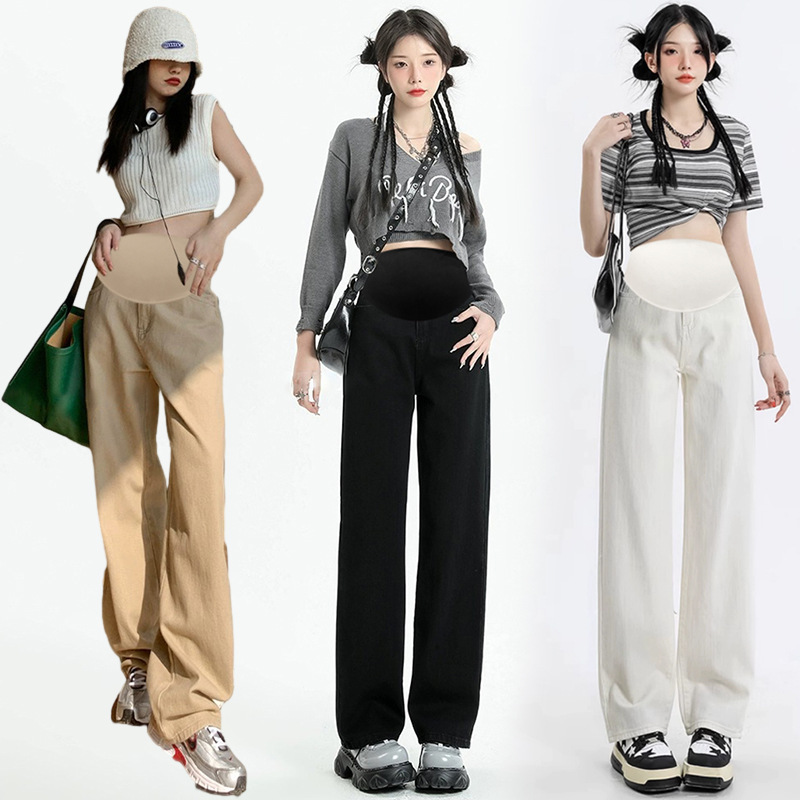 Pregnant Women's Spring and Autumn Three-proof Pants Denim Elastic Anti-fouling and Oil-proof Waterproof Breathable Straight Pants Casual Wide-leg Pants Solid Color