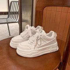 蘇茵茵牛皮版韓版真皮圓頭系帶增高松糕厚底運動休閒小白鞋女板鞋