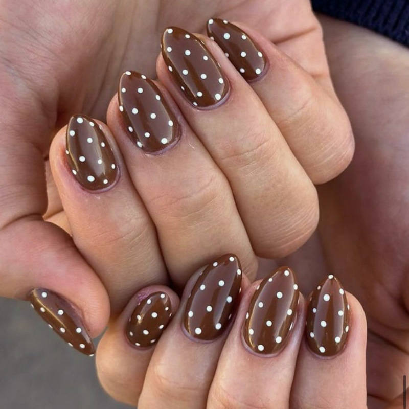 Brown Autumn and Winter Wearable Nails White Polka Dots Cross-Border Hot Selling Manicure Nails Almond Nails Wholesale