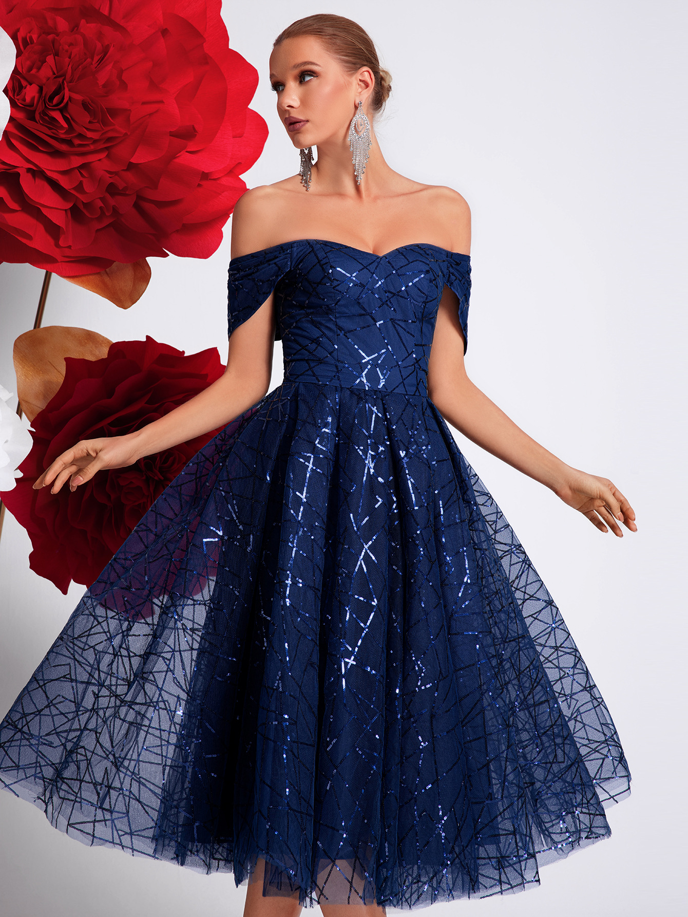 Transfronterizo Amazon nuevo temperamento cielo estrellado fino vestido de noche elegante de fiesta de mujer superior de tubo de lujo ligero