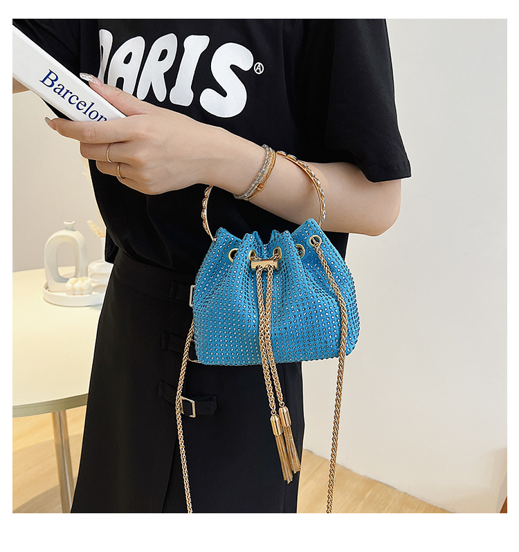 328g Weight Polyester Lining Material String Closure Type Single Shoulder Strap Strap Type Bucket Bag Bags Type Shopping Occasion Pu Leather Material Solid Color Pattern Women'S Gender Rhinestone Design Fashion Style Bucket Shape Small Size Women's Small Pu Leather Fashion Bucket Bag 9