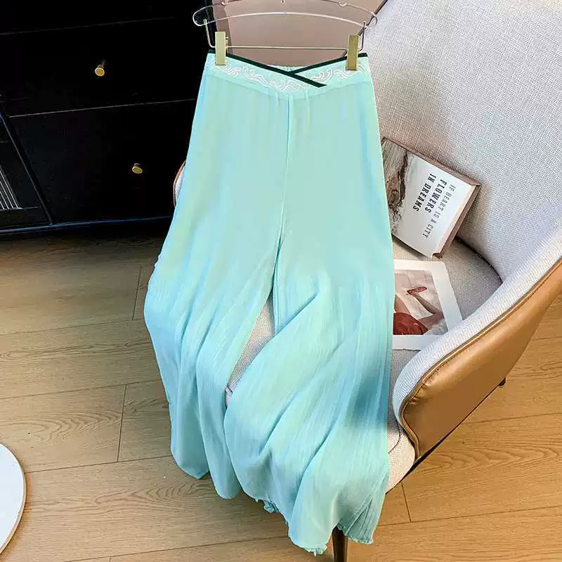 Настоящая фотография новых утягивающих свободных брюк в китайском стиле в национальном стиле с улучшенной этнической вышивкой, новые летние брюки-кюлоты с широкими штанинами