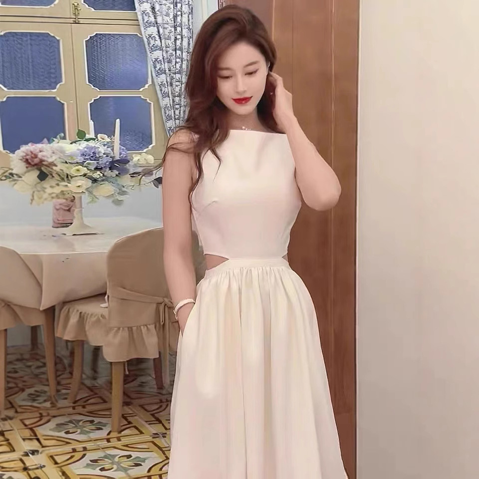 Váy liền không tay trắng FL222236 dáng dài hở eo phong cách Hồng Kông mùa hè — màu trắng